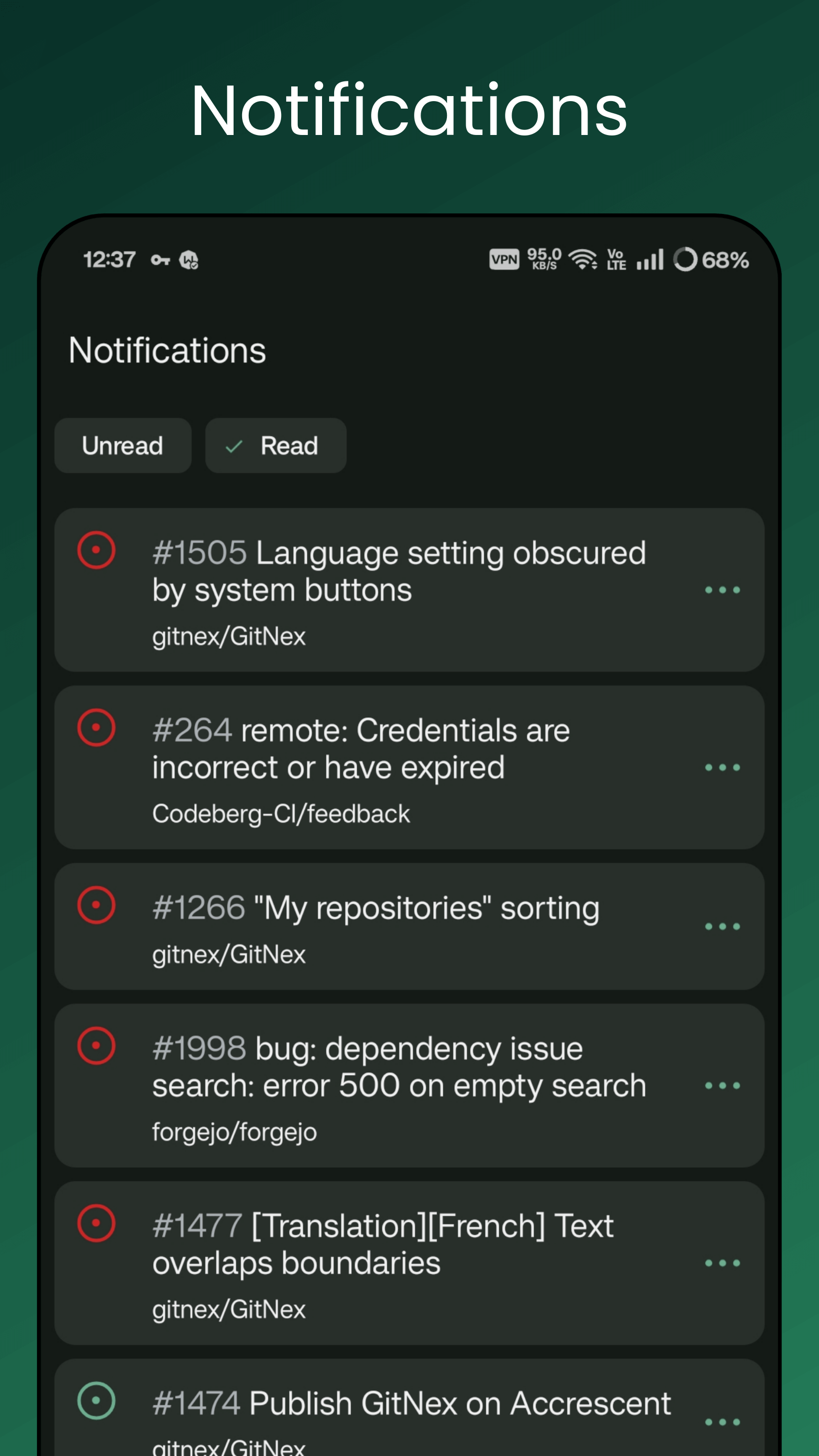 GitNex app settings